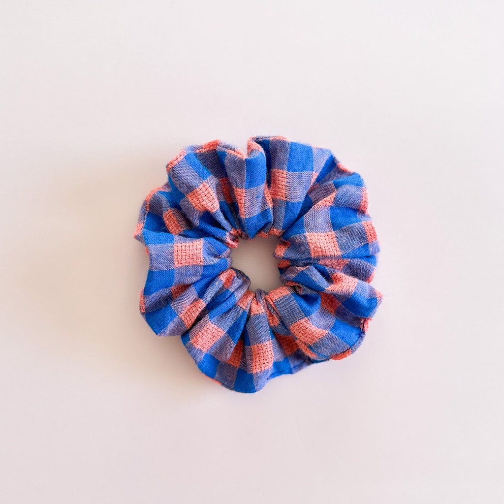 Chouchou tissu coton cousu main motif carreau vichy bleu et rose, idée cadeau pour femme et filles 