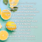 Visuel sur fond bleu pastel décoré de tranches de citron, présentant la liste du contenu de la "Summer Box Dolce Vita - L'escapade" créée par Jolie Myrtille Fabric. Le texte énumère les créations et accessoires suivants : 1 trousse de toilette, 1 pochette à livres format broché et 1 marque-page en tissu, 1 étui à lunettes en coton, 1 chouchou en coton, 1 lot de 4 bracelets faits main (perles et rubans), 1 éventail et 1 miroir de poche, 1 mini porte-clés, du thé et des infusions, ainsi que quelques petits go