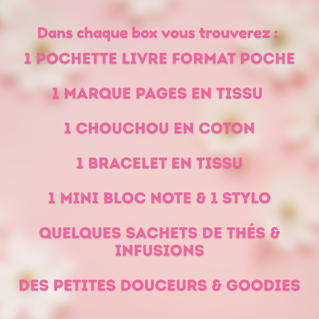 Liste du contenu d'un coffret Jolie Myrtille Fabric sur fond rose : 1 pochette livre format poche, 1 marque-pages en tissu, 1 chouchou en coton, 1 bracelet en tissu, 1 mini bloc-notes et 1 stylo, quelques sachets de thés et infusions, des petites douceurs et goodies.