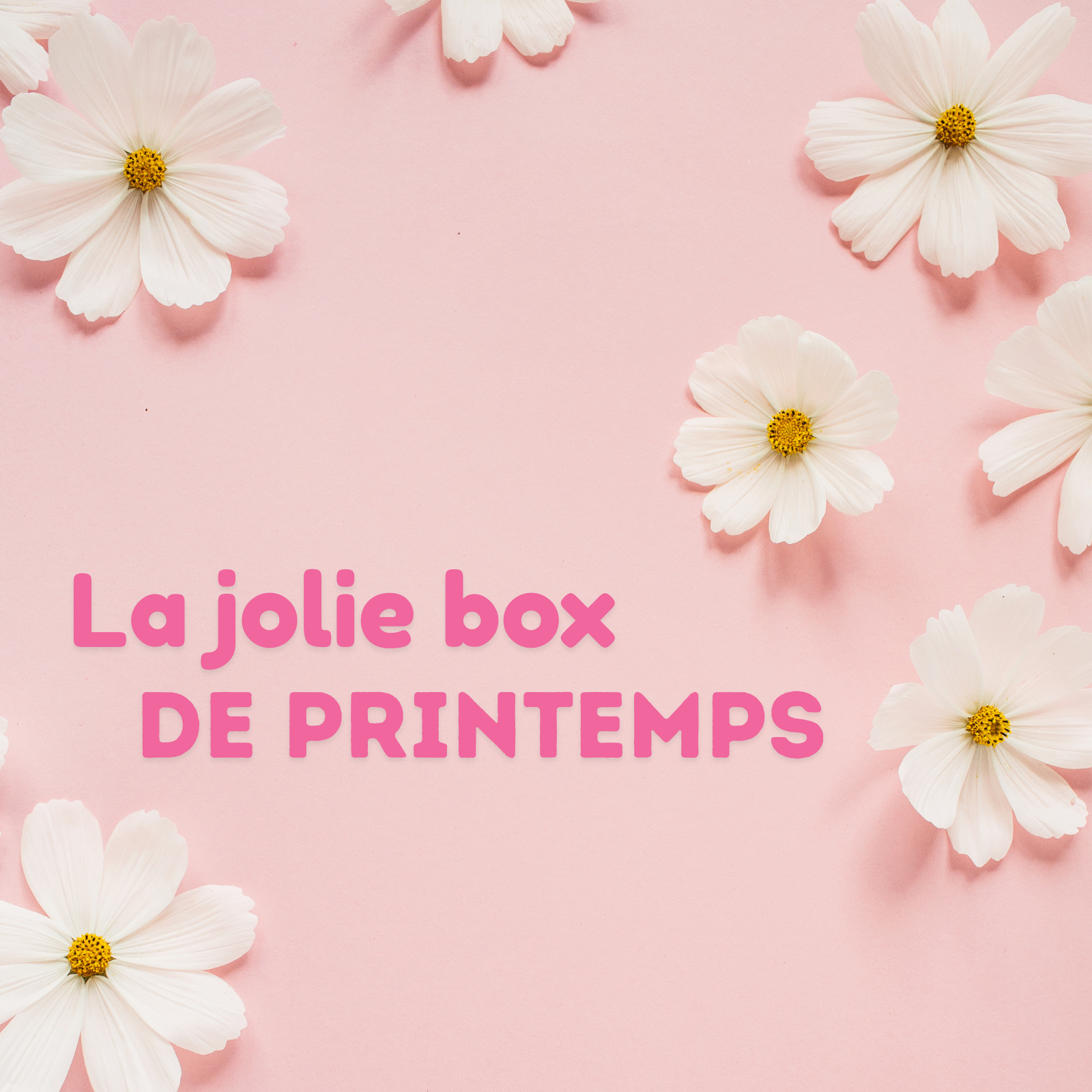 Visuel de présentation de "La jolie box de printemps" par Jolie Myrtille Fabric, avec un texte rose sur un fond rose pastel décoré de fleurs blanches.