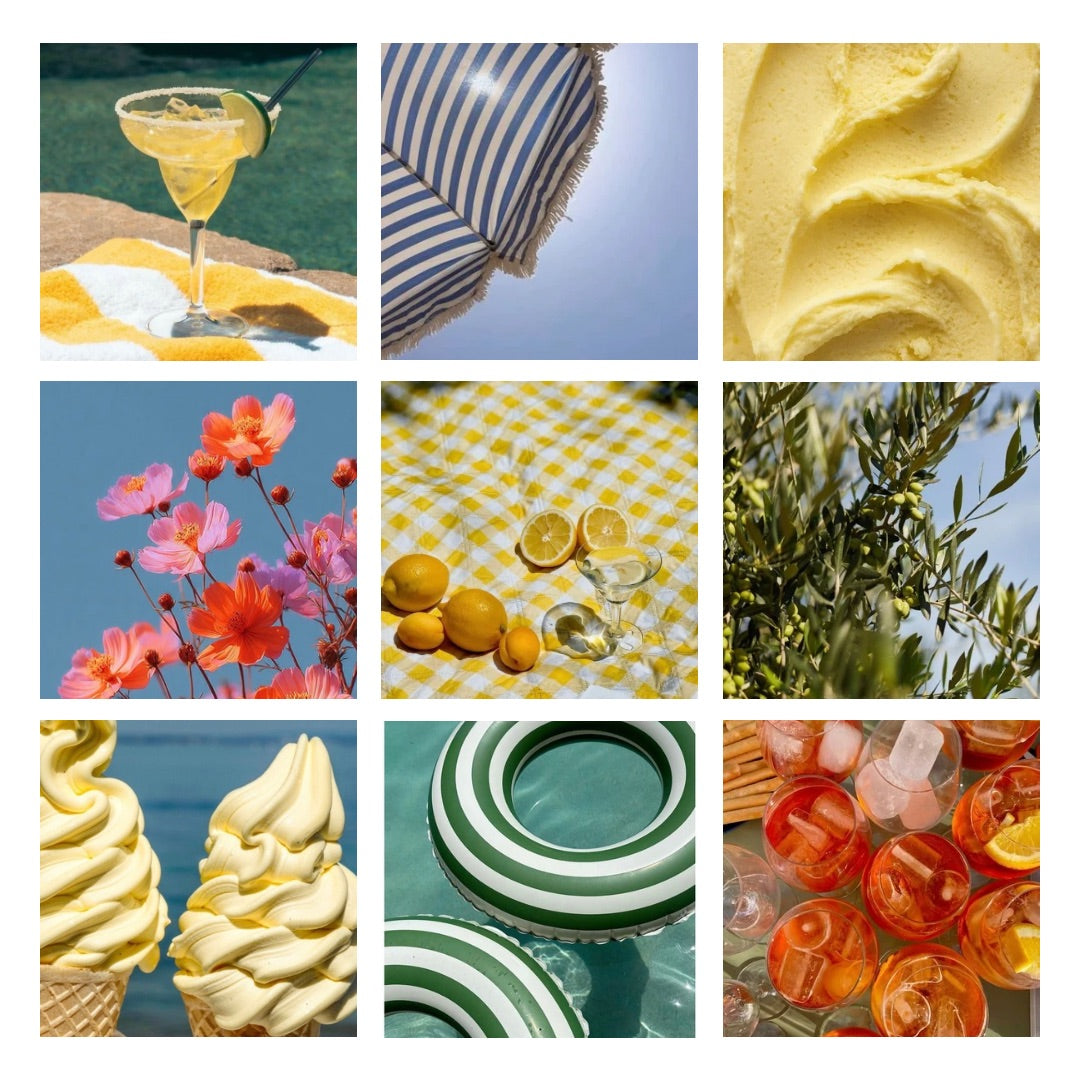 Moodboard coloré inspirant l'ambiance slow life et estivale de la box Dolce Vita : des cocktails rafraîchissants, un parasol rayé, des fleurs roses, un pique-nique sur une nappe au motif Vichy jaune avec des citrons, des feuilles d'olivier et des glaces.