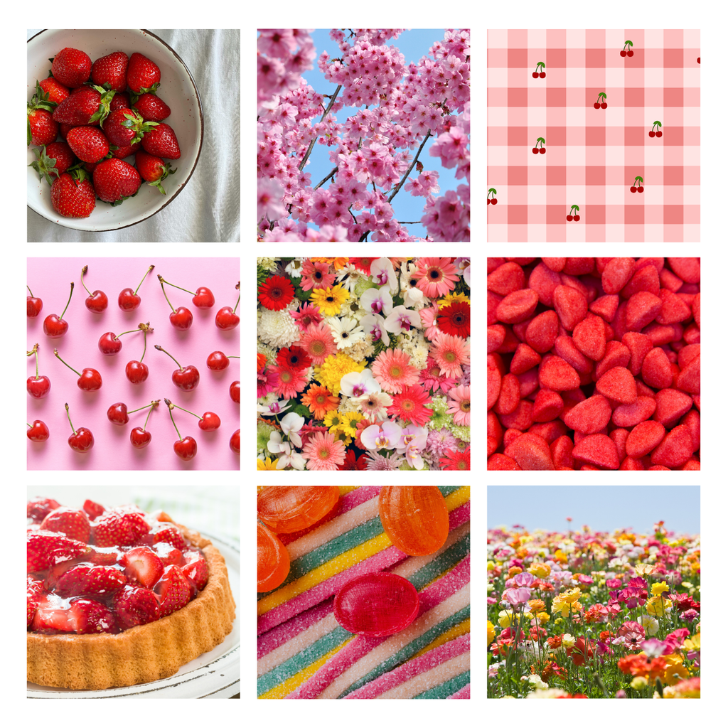 Moodboard d'inspiration Jolie Myrtille Fabric : collage de 9 photos dans les tons rose, rouge et pastel illustrant des fraises, des fleurs printanières, des bonbons et un motif vichy avec des petites cerises.
