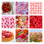 Moodboard d'inspiration Jolie Myrtille Fabric : collage de 9 photos dans les tons rose, rouge et pastel illustrant des fraises, des fleurs printanières, des bonbons et un motif vichy avec des petites cerises.
